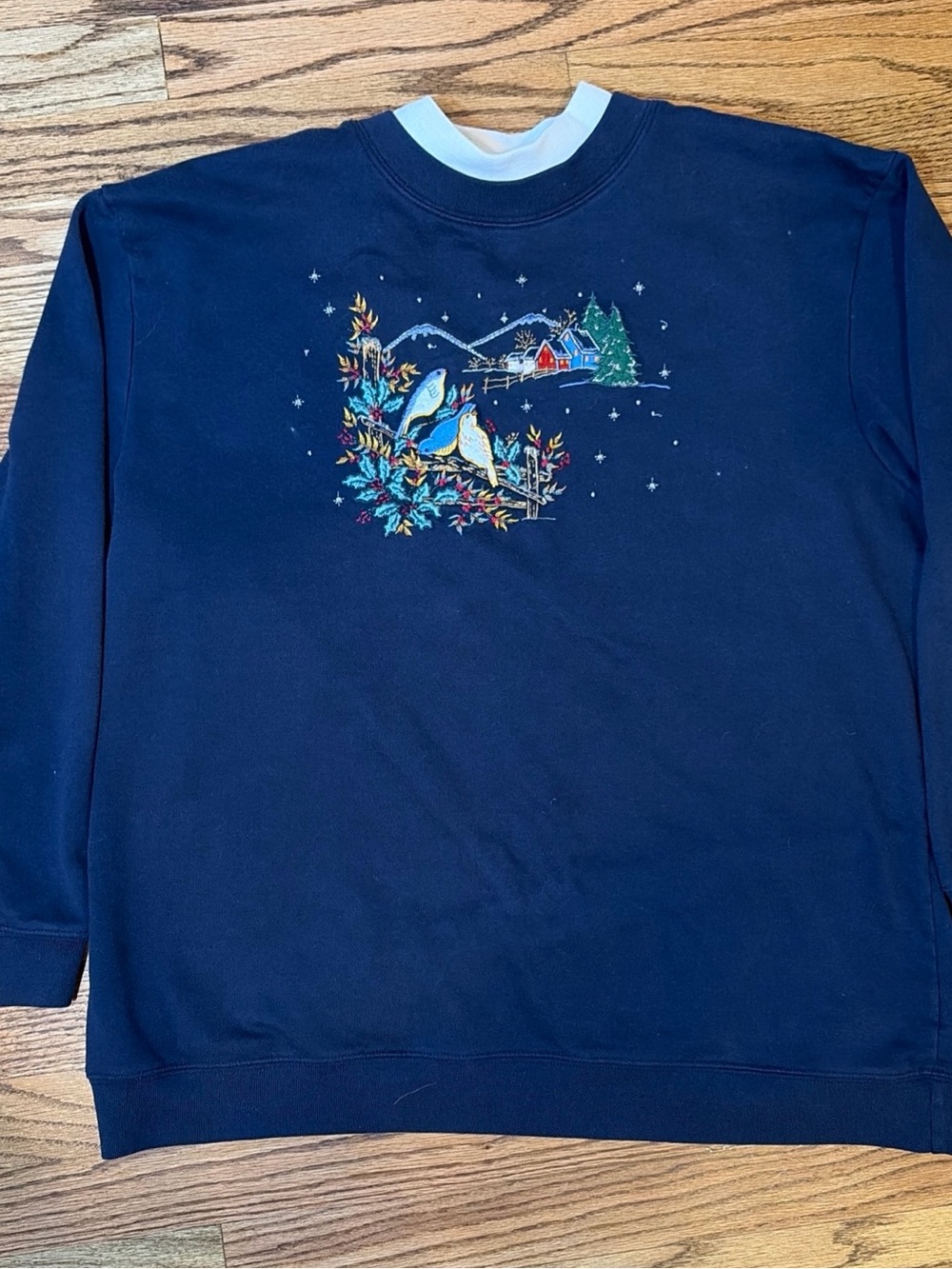 Vtg Bobbie Brooks Embroidered Winter Christmas Bird Sweatshirt L Granny Cottage